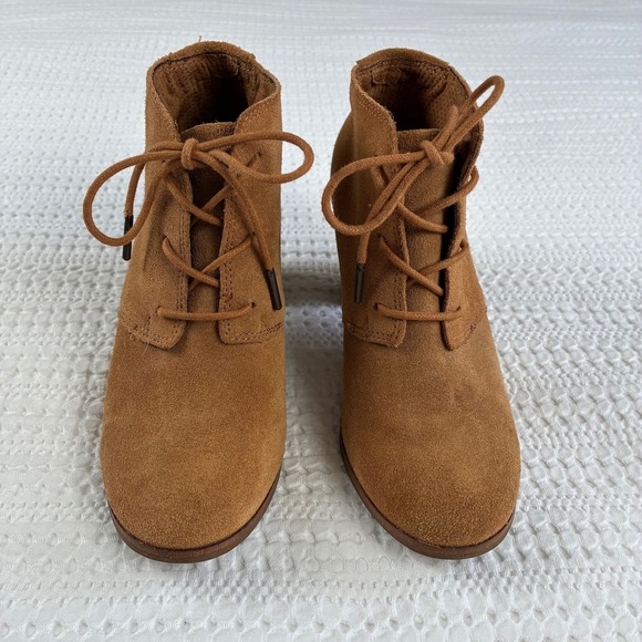 Toms Lunata Boots Lace Up Heeled Ankle Booties Suede Tan 6.5 Neutral Boho - Picture 4 of 13